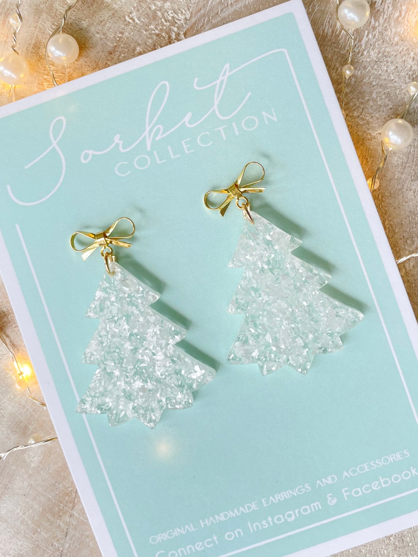 White Shimmer Trees with Gold Bow Earrings