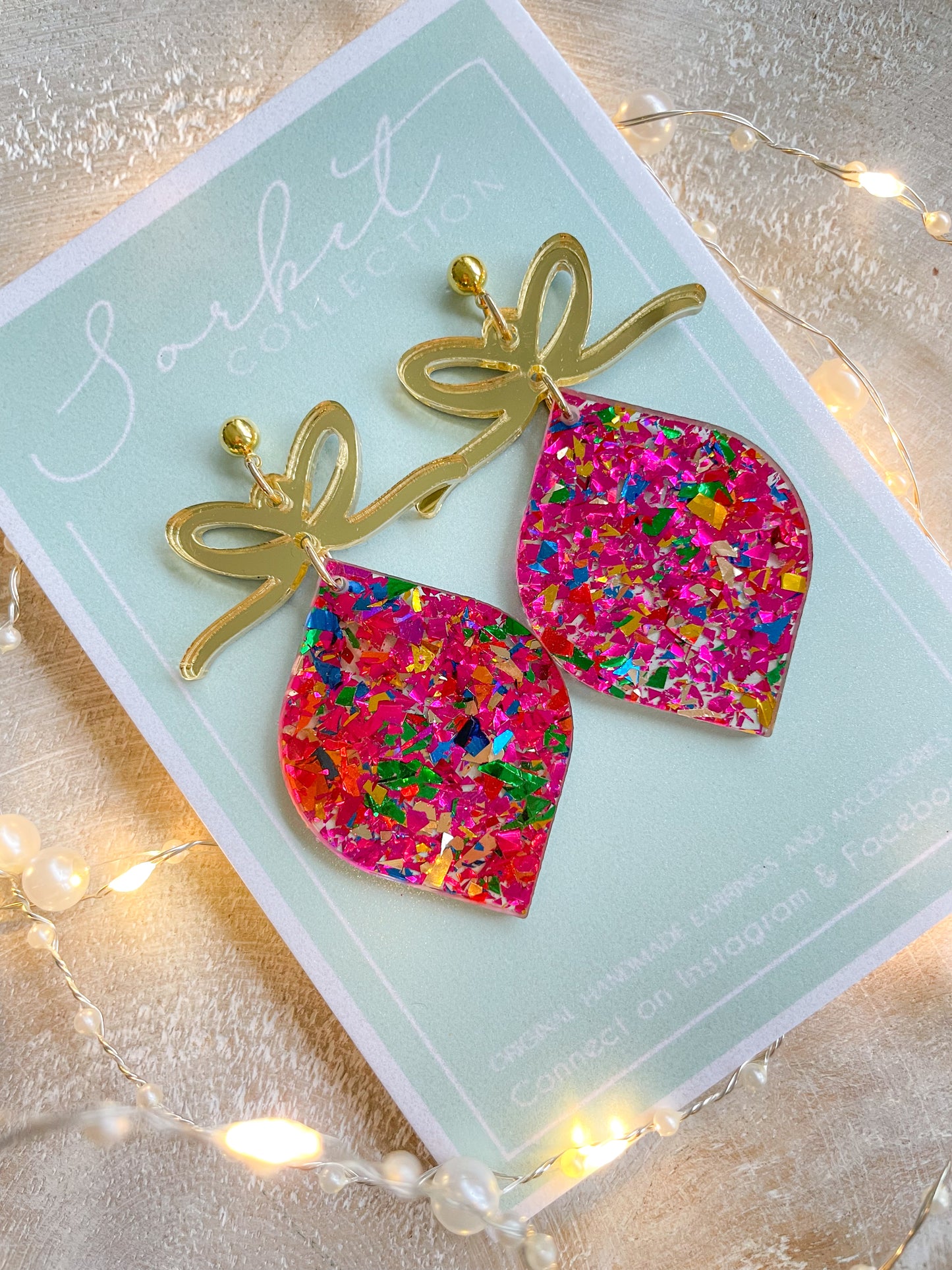 Pink Ornaments with Gold Bows Earrings